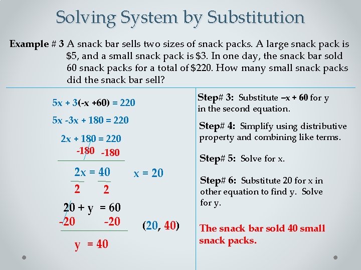 Solving System by Substitution Example # 3 A snack bar sells two sizes of