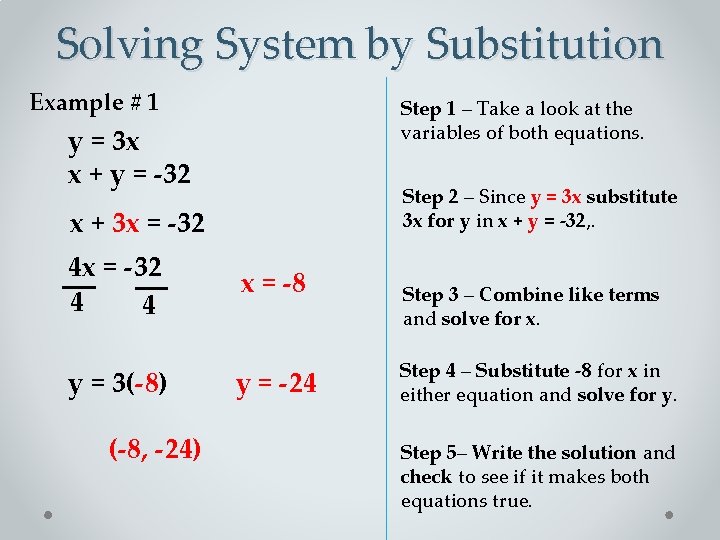 Solving System by Substitution Example # 1 Step 1 – Take a look at