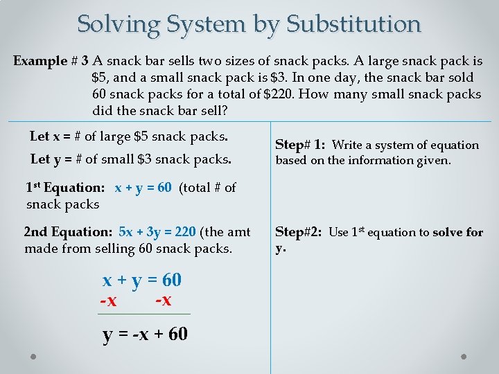 Solving System by Substitution Example # 3 A snack bar sells two sizes of