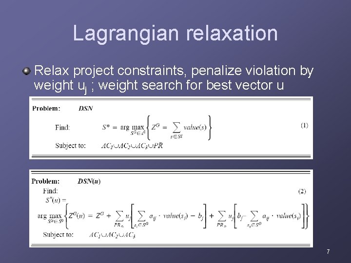 Lagrangian relaxation Relax project constraints, penalize violation by weight uj ; weight search for