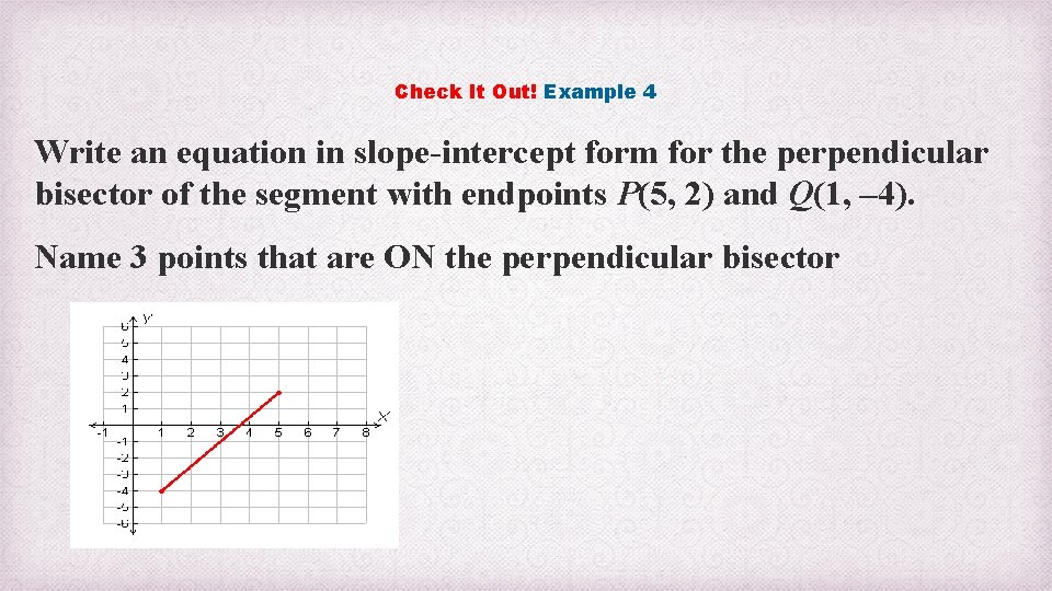 Check It Out! Example 4 Write an equation in slope-intercept form for the perpendicular