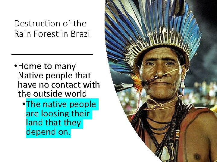 Destruction of the Rain Forest in Brazil • Home to many Native people that