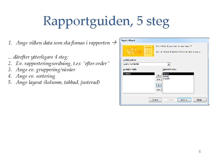 Rapportguiden, 5 steg 1. Ange vilken data som ska finnas i rapporten . .