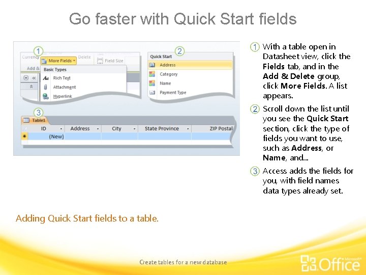Go faster with Quick Start fields With a table open in Datasheet view, click