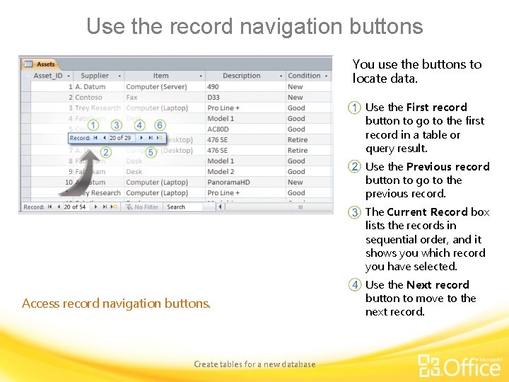 Use the record navigation buttons You use the buttons to locate data. Use the