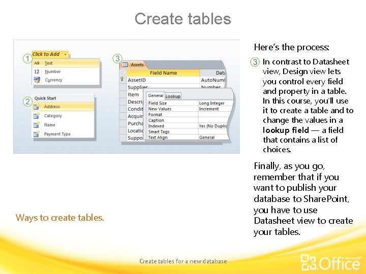 Create tables Here’s the process: In contrast to Datasheet view, Design view lets you
