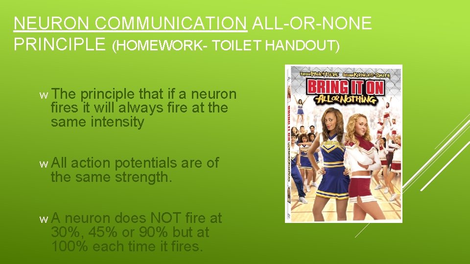 NEURON COMMUNICATION ALL-OR-NONE PRINCIPLE (HOMEWORK- TOILET HANDOUT) w The principle that if a neuron