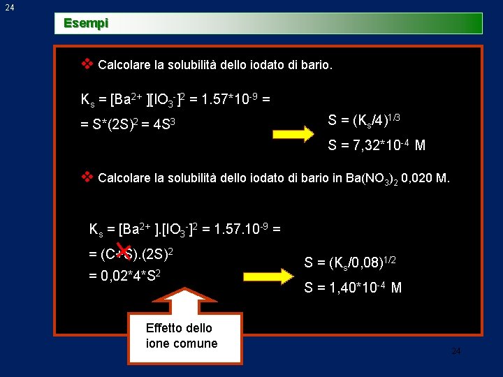 24 Esempi v Calcolare la solubilità dello iodato di bario. Ks = [Ba 2+