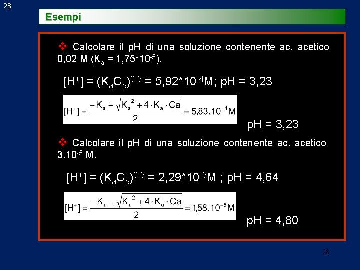 28 Esempi v Calcolare il p. H di una soluzione contenente ac. acetico 0,