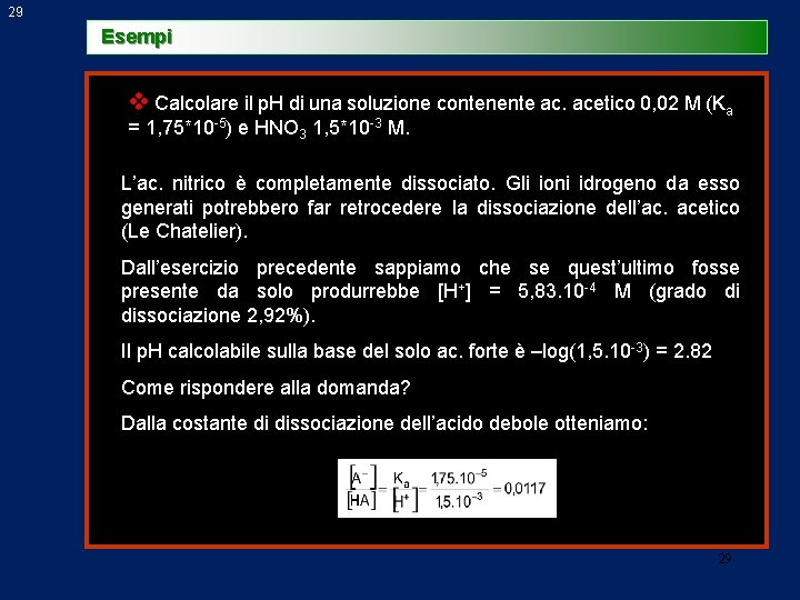 29 Esempi v Calcolare il p. H di una soluzione contenente ac. acetico 0,