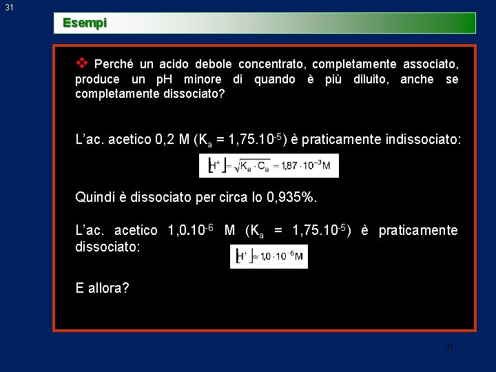 31 Esempi v Perché un acido debole concentrato, completamente associato, produce un p. H