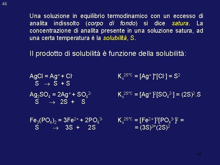 46 Una soluzione in equilibrio termodinamico con un eccesso di analita indissolto (corpo di