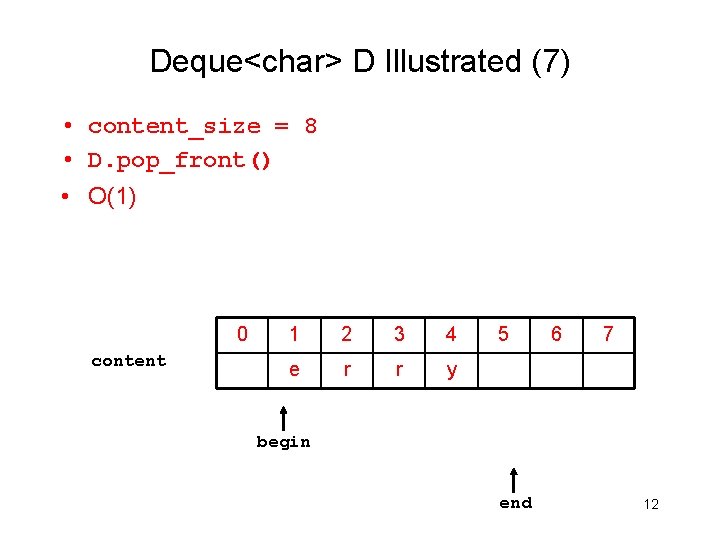 Deque<char> D Illustrated (7) • content_size = 8 • D. pop_front() • O(1) 0