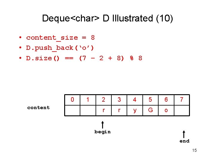 Deque<char> D Illustrated (10) • content_size = 8 • D. push_back(‘o’) • D. size()