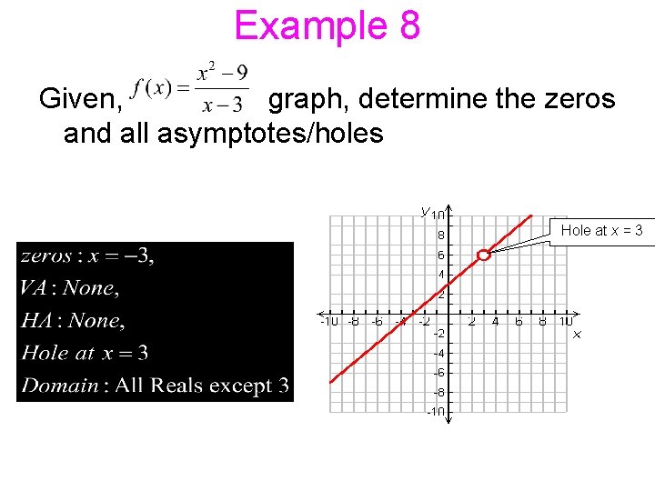 Example 8 Given, graph, determine the zeros and all asymptotes/holes Hole at x =