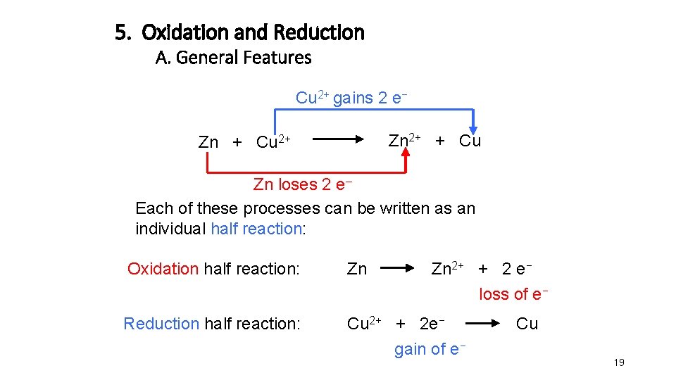 5. Oxidation and Reduction A. General Features Cu 2+ gains 2 e− Zn 2+