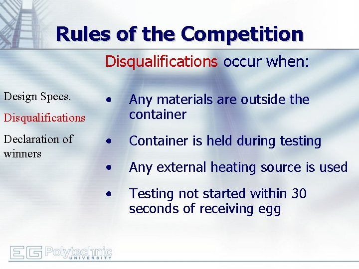 Rules of the Competition Disqualifications occur when: Design Specs. • Any materials are outside