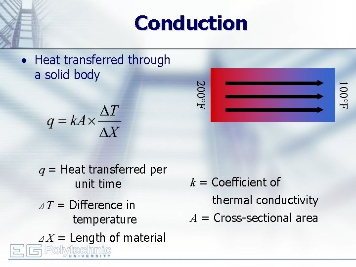 Conduction ΔT = Difference in temperature ΔX = Length of material k = Coefficient