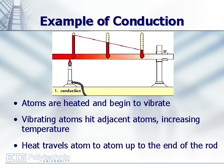 Example of Conduction • Atoms are heated and begin to vibrate • Vibrating atoms