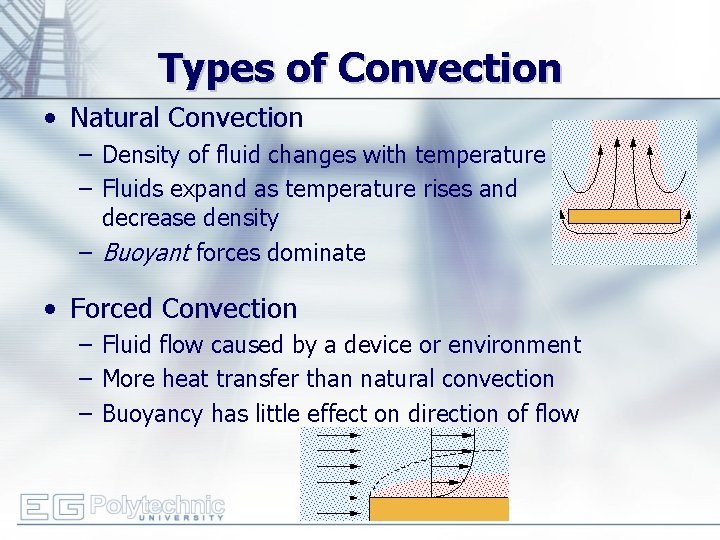 Types of Convection • Natural Convection – Density of fluid changes with temperature –
