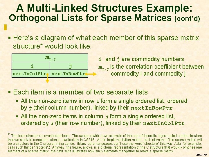 A Multi-Linked Structures Example: Orthogonal Lists for Sparse Matrices (cont’d) § Here’s a diagram