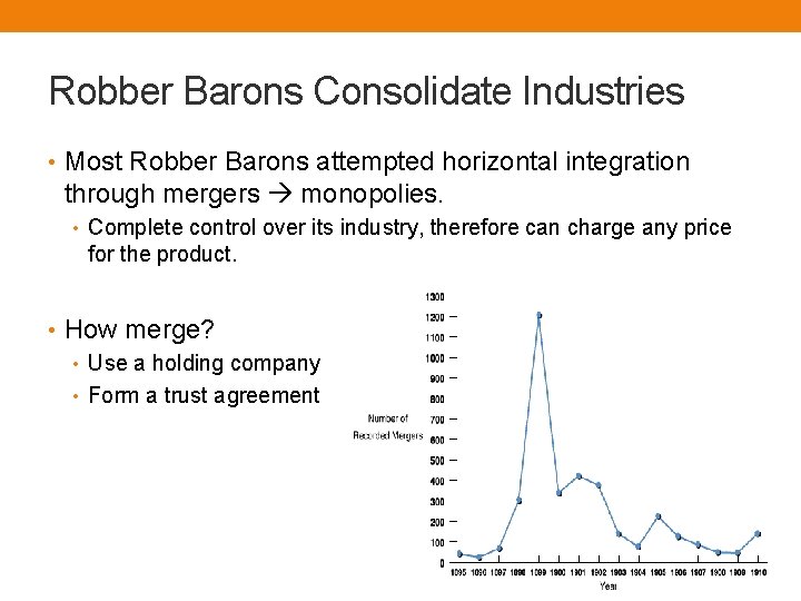 Robber Barons Consolidate Industries • Most Robber Barons attempted horizontal integration through mergers monopolies.