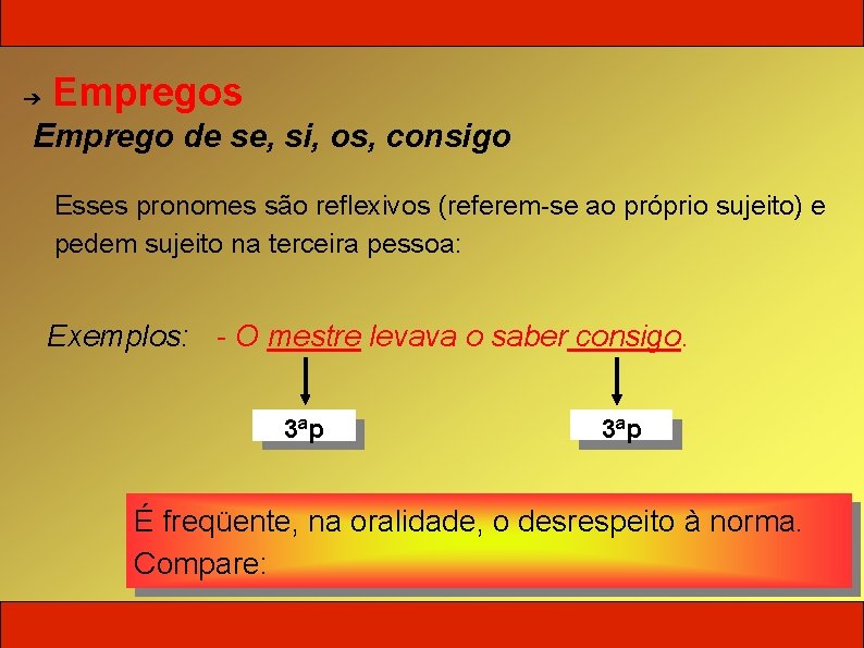 ➔ Empregos Emprego de se, si, os, consigo Esses pronomes são reflexivos (referem-se ao