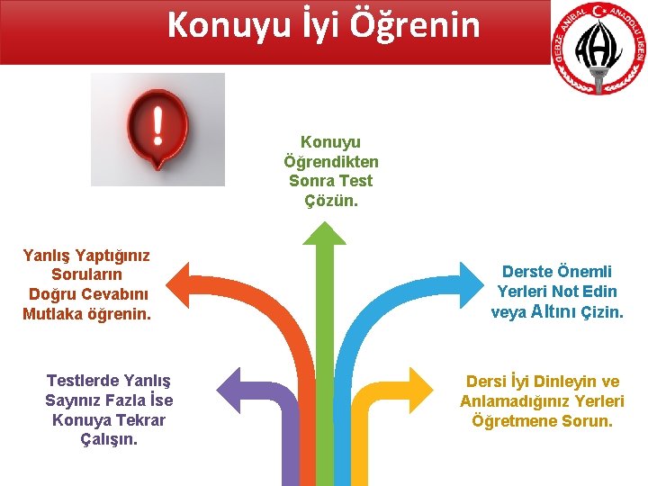 Konuyu İyi Öğrenin Konuyu Öğrendikten Sonra Test Çözün. Yanlış Yaptığınız Soruların Doğru Cevabını Mutlaka