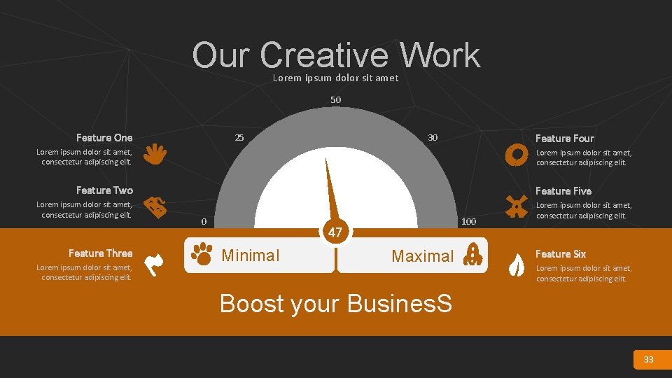 Our Creative Work Lorem ipsum dolor sit amet 50 Feature One Feature Four 30