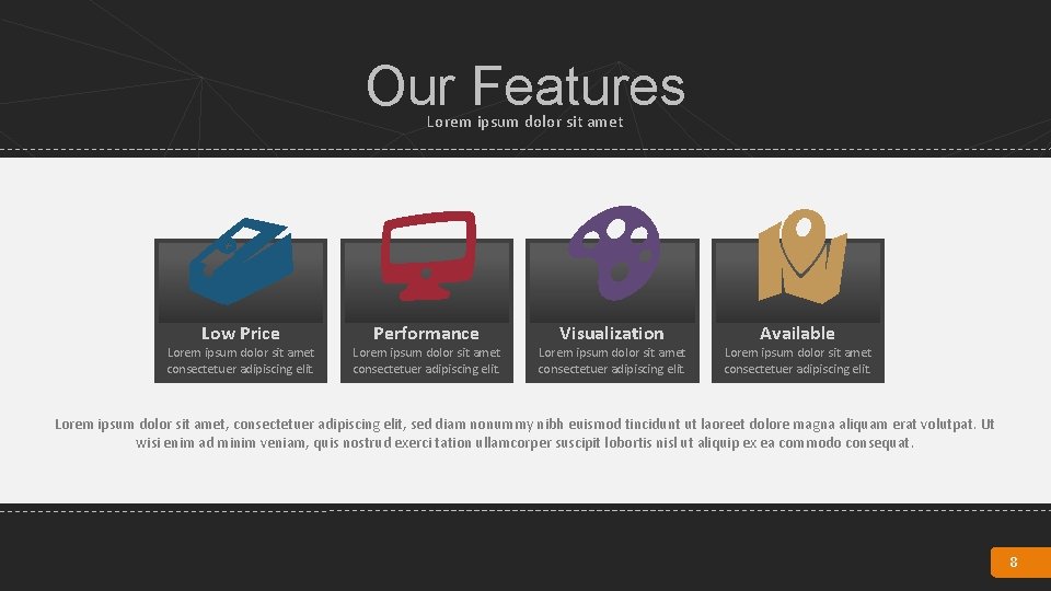 Our Features Lorem ipsum dolor sit amet Low Price Performance Visualization Available Lorem ipsum
