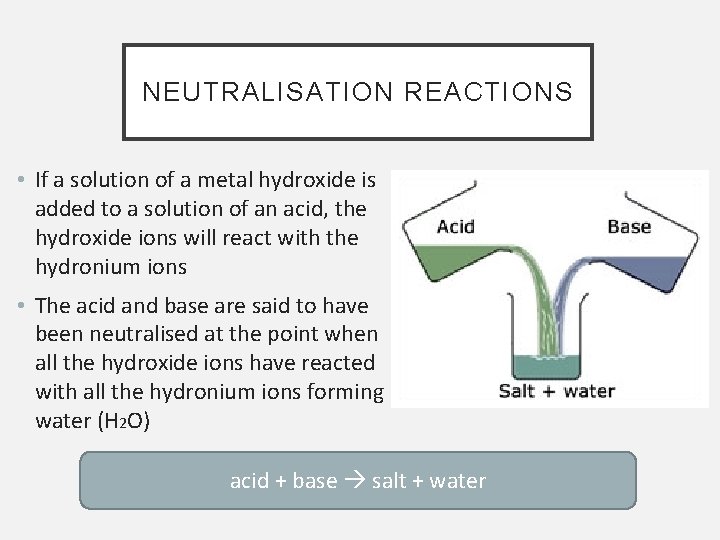 NEUTRALISATION REACTIONS • If a solution of a metal hydroxide is added to a