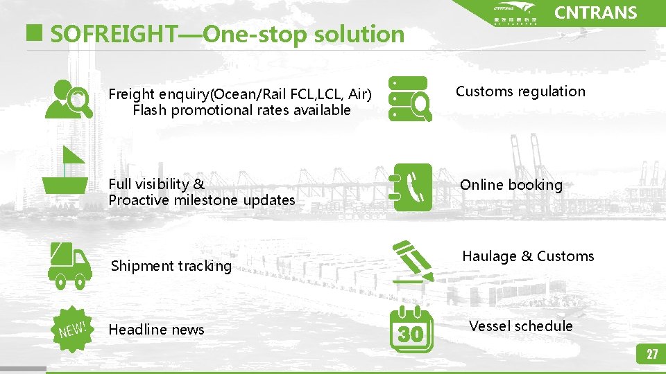 SOFREIGHT—One-stop solution Freight enquiry(Ocean/Rail FCL, LCL, Air) Flash promotional rates available Full visibility &