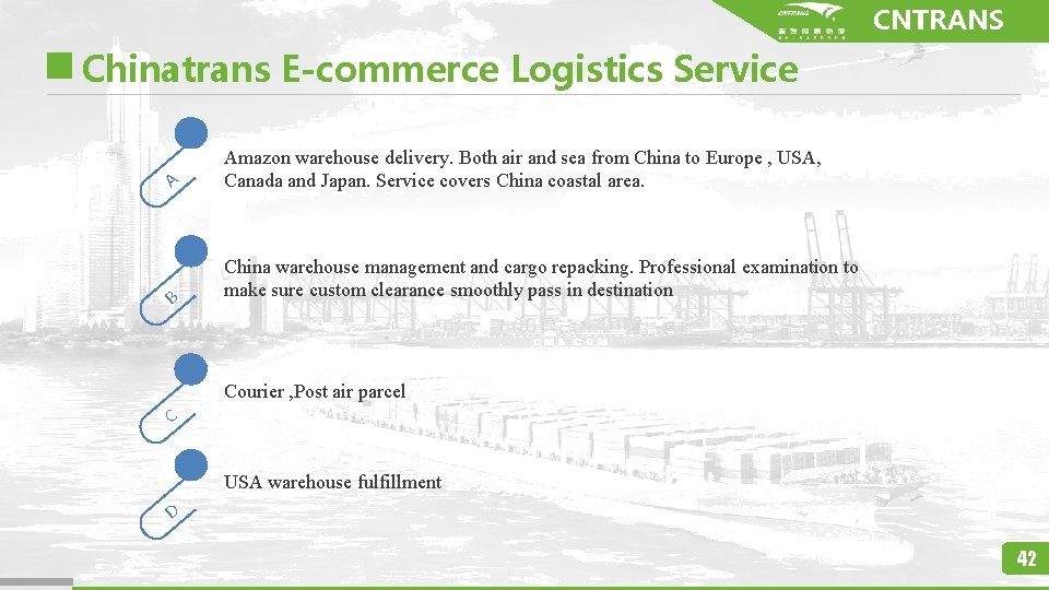 CNTRANS Chinatrans E-commerce Logistics Service A B Amazon warehouse delivery. Both air and sea