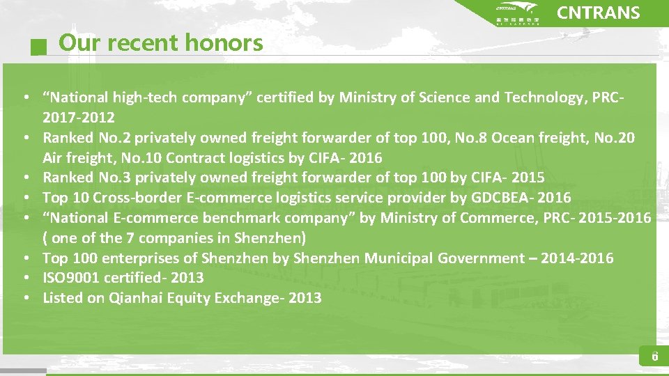 CNTRANS Our recent honors • “National high-tech company” certified by Ministry of Science and