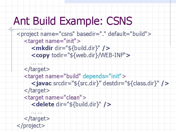 Ant Build Example: CSNS <project name="csns" basedir=". " default="build"> <target name="init"> <mkdir dir="${build. dir}"