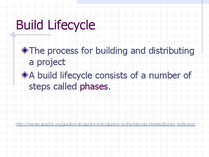 Build Lifecycle The process for building and distributing a project A build lifecycle consists