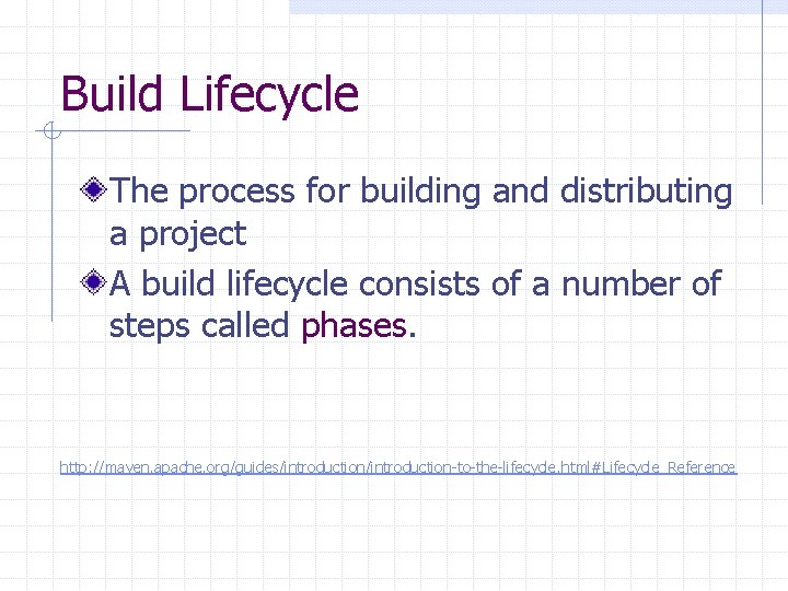 Build Lifecycle The process for building and distributing a project A build lifecycle consists