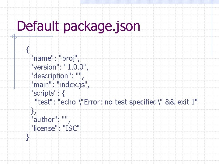 Default package. json { } "name": "proj", "version": "1. 0. 0", "description": "", "main":