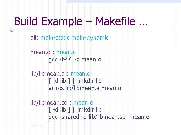 Build Example – Makefile … all: main-static main-dynamic mean. o : mean. c gcc