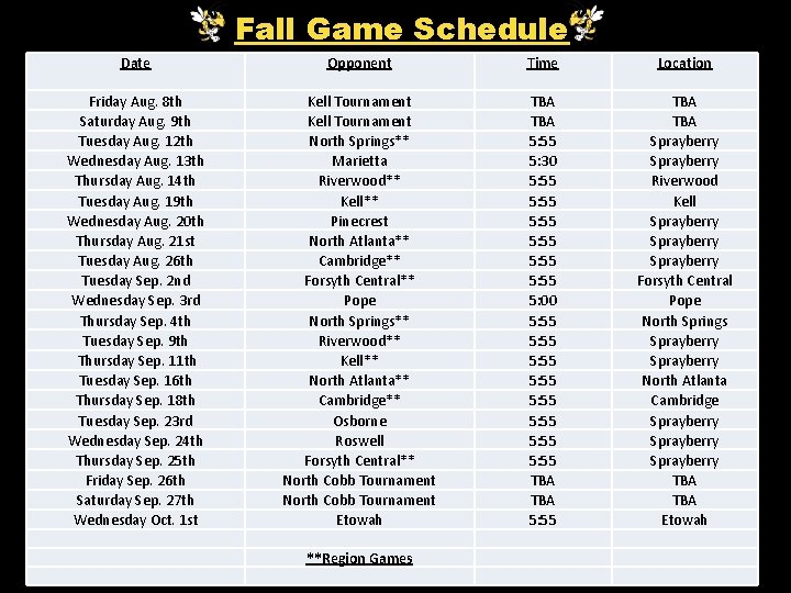 Fall Game Schedule Date Opponent Time Location Friday Aug. 8 th Saturday Aug. 9