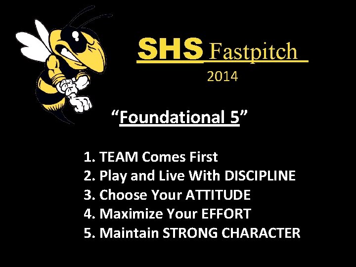 SHS Fastpitch 2014 “Foundational 5” 1. TEAM Comes First 2. Play and Live With