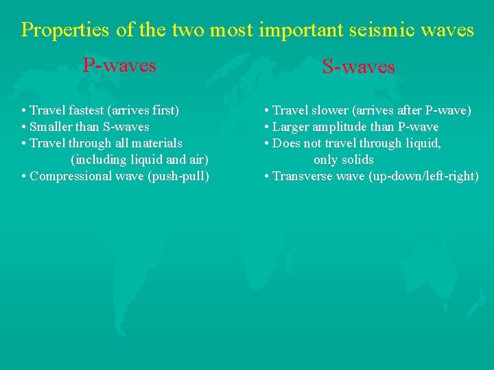 Properties of the two most important seismic waves P-waves • Travel fastest (arrives first)