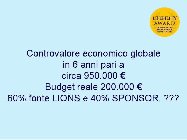 Controvalore economico globale in 6 anni pari a circa 950. 000 € Budget reale