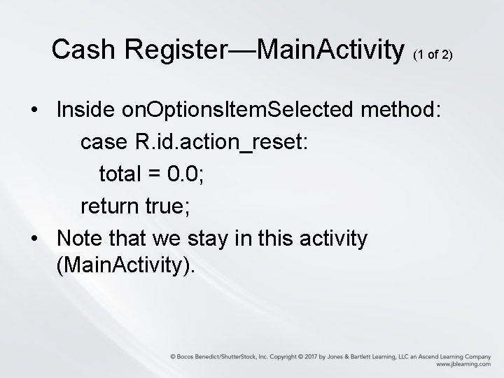 Cash Register—Main. Activity (1 of 2) • Inside on. Options. Item. Selected method: case