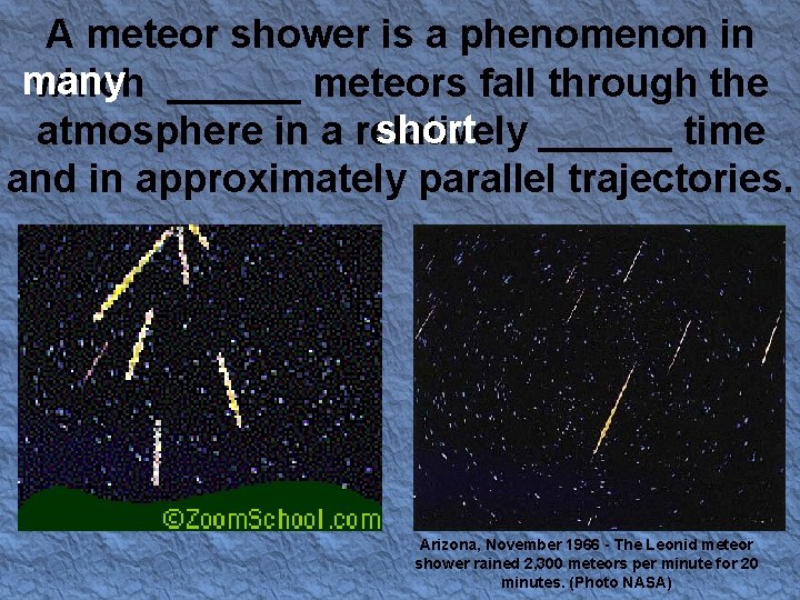 A meteor shower is a phenomenon in many which ______ meteors fall through the