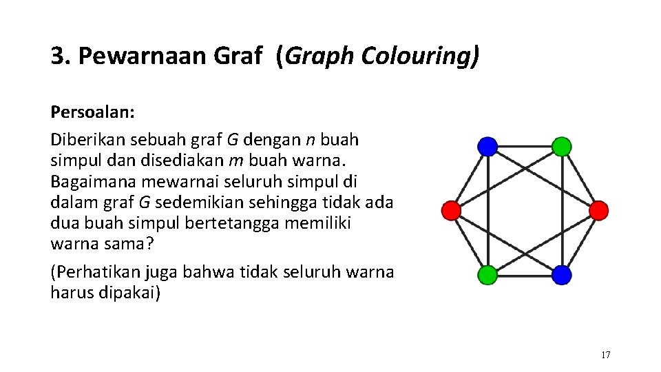 3. Pewarnaan Graf (Graph Colouring) Persoalan: Diberikan sebuah graf G dengan n buah simpul