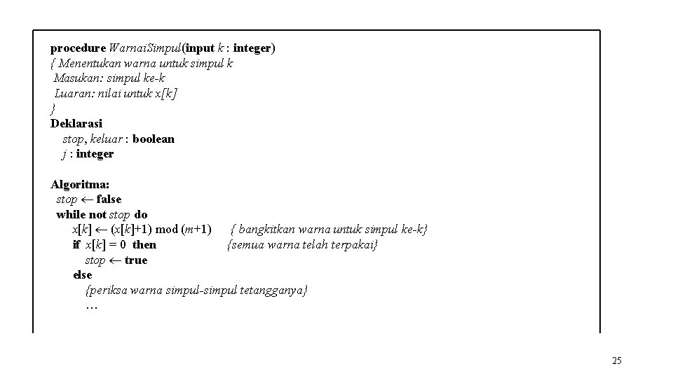 procedure Warnai. Simpul(input k : integer) { Menentukan warna untuk simpul k Masukan: simpul