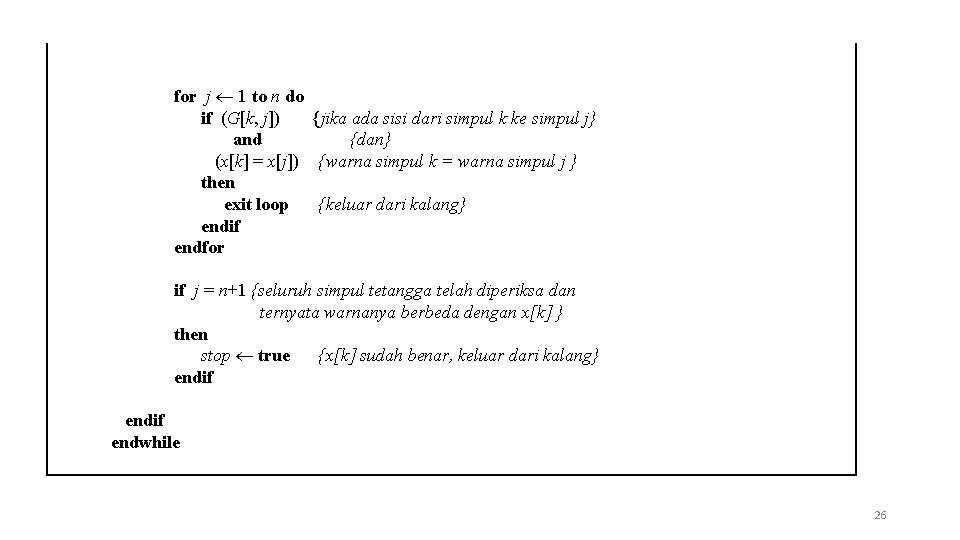 for j 1 to n do if (G[k, j]) {jika ada sisi dari simpul