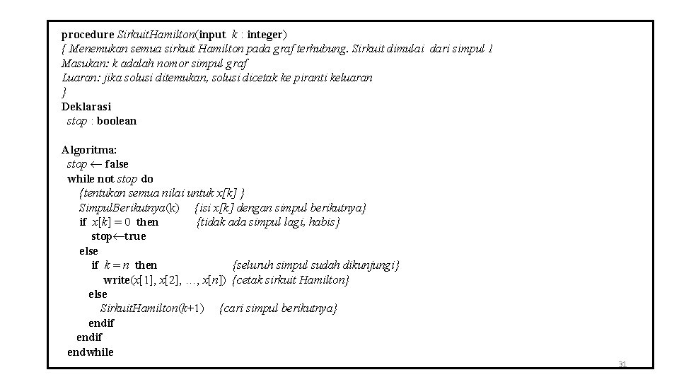 procedure Sirkuit. Hamilton(input k : integer) { Menemukan semua sirkuit Hamilton pada graf terhubung.