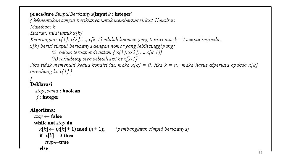 procedure Simpul. Berikutnya(input k : integer) { Menentukan simpul berikutnya untuk membentuk sirkuit Hamilton